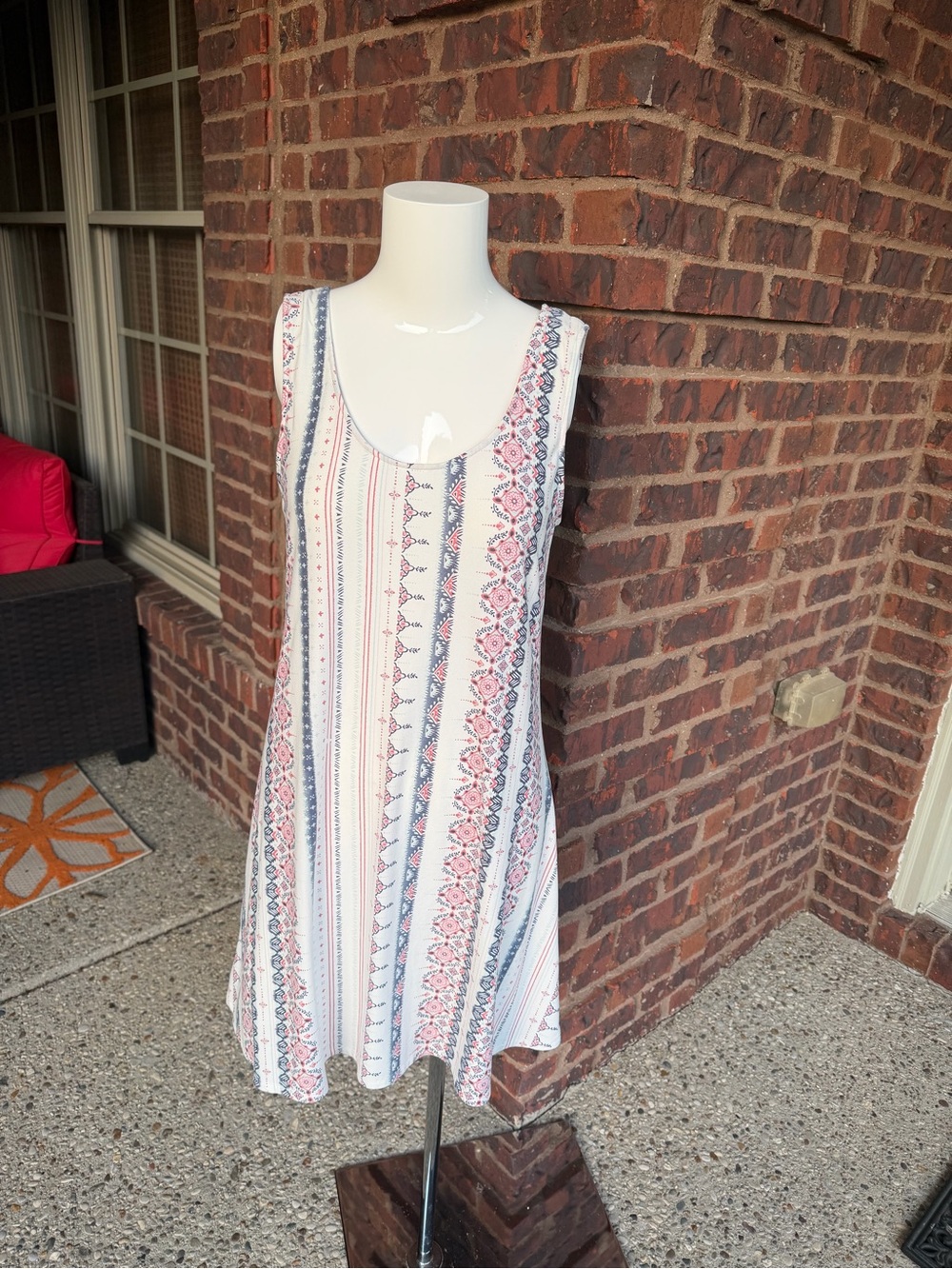 Mudd Off-White Boho Geometric Tank Dress with Pink & Blue Crisscross Back Medium